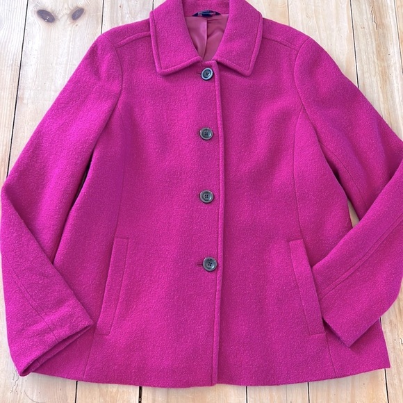Land’s End Single-Breasted Wool Magenta bouclé Pea-Coat 4 Buttons & Collar - Picture 13 of 15
